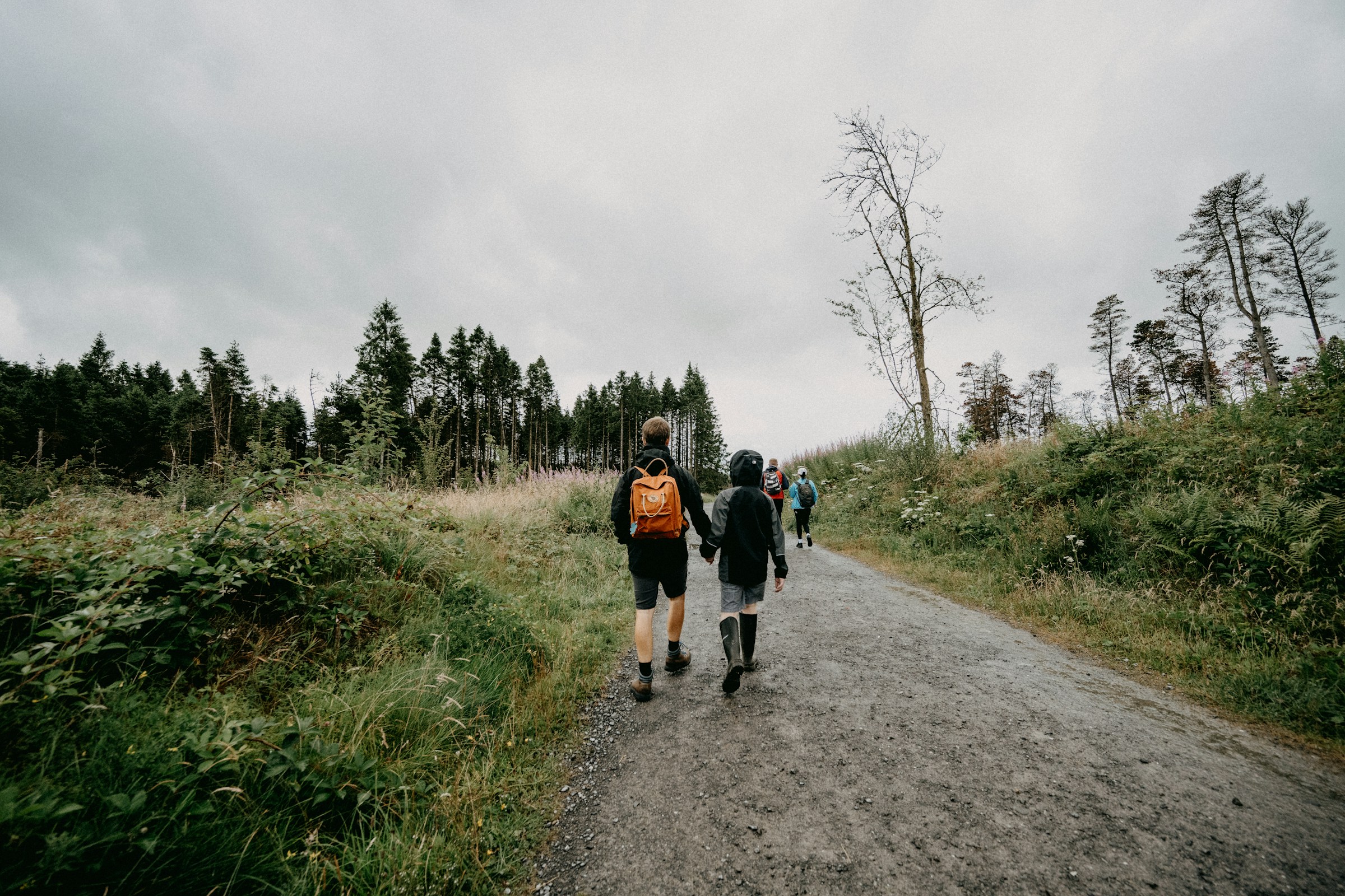 Family hiking in mountains